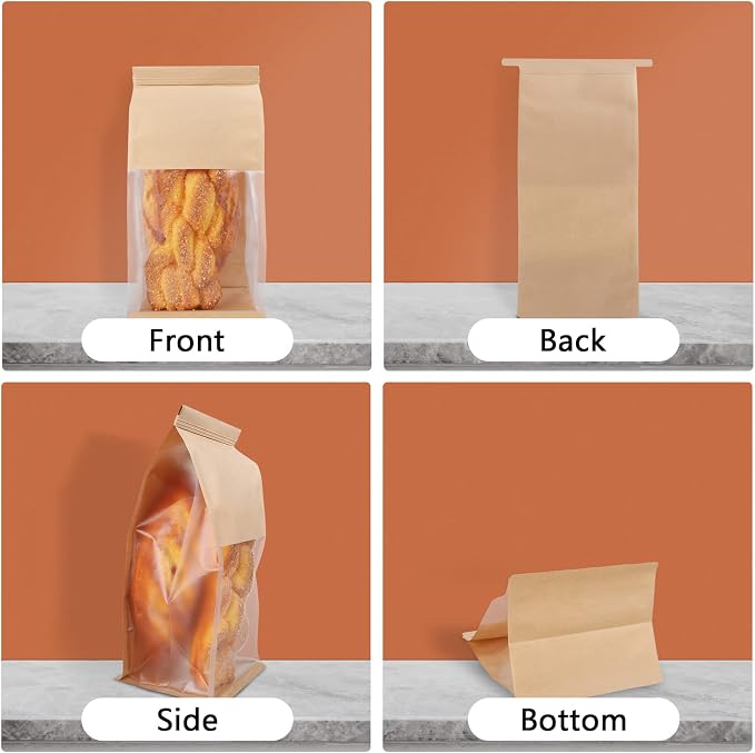 WOPPLXY 100 Pcs Bakery Bags with Window, 5.11 x 11 x 4.33 Inch Brown Kraft Paper Tin Tie Tab Lock Candy Bags Brown Window Bag, Small Kraft Paper Bag for Coffee Food Candy Gift Packaging Party - Image 3