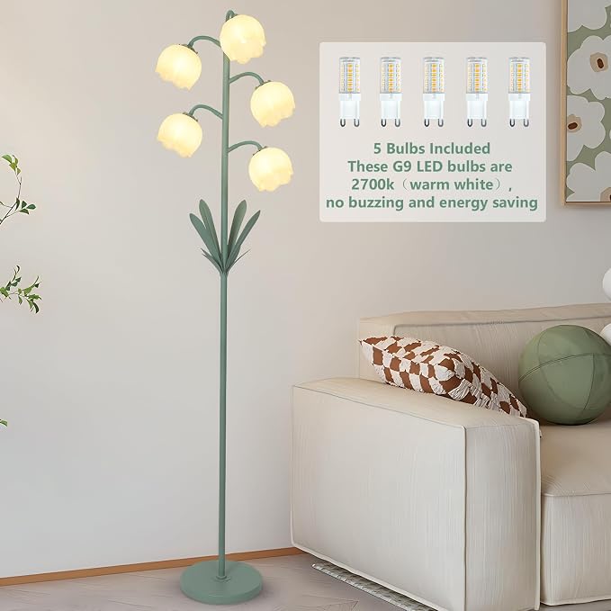 5-Lights Flower Floor Lamp with LED Blubs, Green Modern Floor Lamps for Living Room, Adjustable Standing Lamps for Bedroom Reading, Corner Tall Lamp Tree Stand Up Lamp for Office Home Decor - Image 2