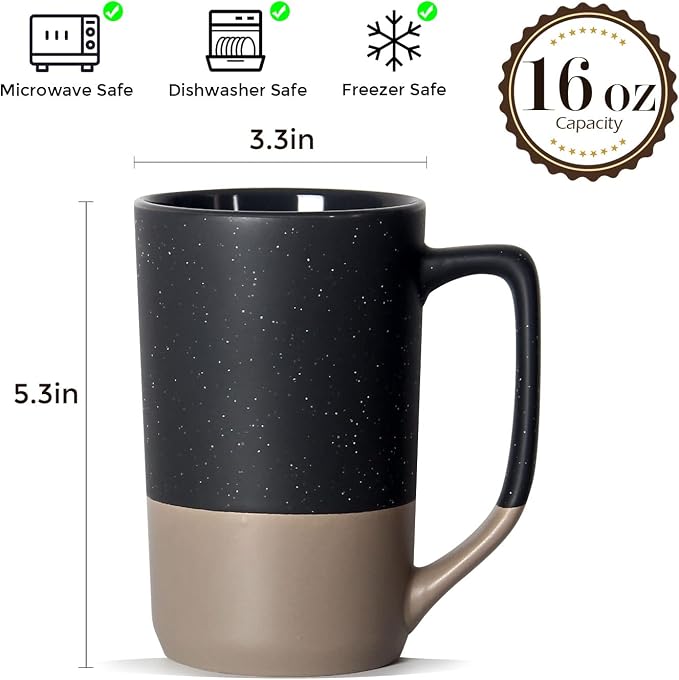 16 OZ Large Coffee Mug, Two Color Combination Big Ceramic Tea Cup with Square Handle with White Speckled for Men Women Restaurant Home Office Hot Drinks, Grey - Image 2