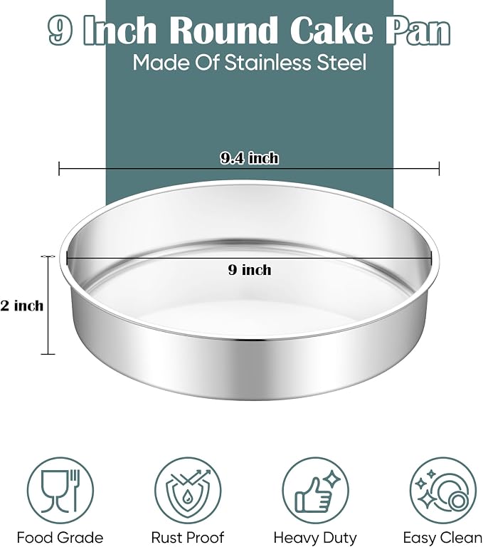 TeamFar 9 Inch Cake Pan, Stainless Steel Round Layer Cake Baking Pan | Baking Tin for Birthday Wedding, Non-Toxic & Heavy-Duty, Mirror Finish & Leak Proof, Oven & Dishwasher Safe - Image 2