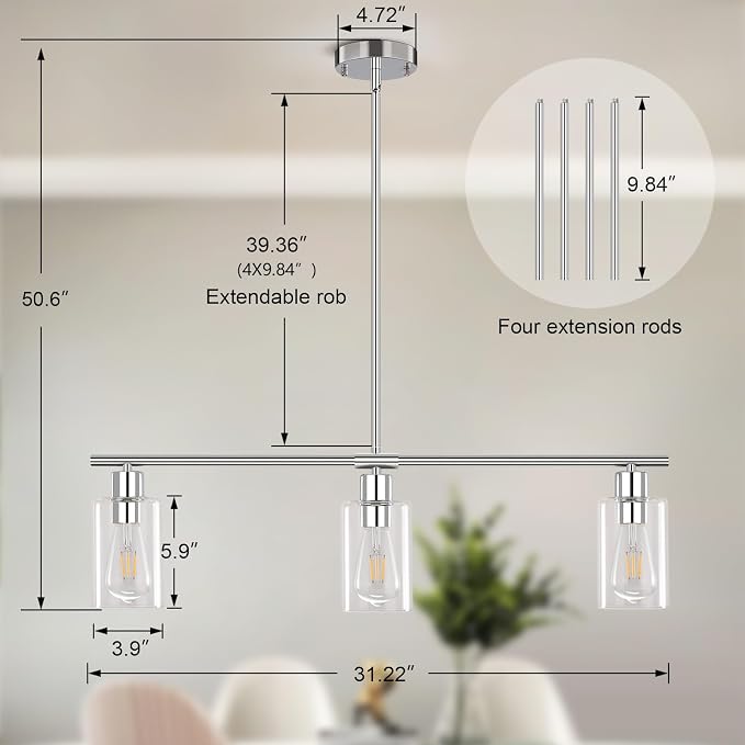 Kitchen Island Lighting, 3 Lights Linear Chandeliers Rectangle Pendant Light Fixtures for Dining Room Farmhouse Hanging Light with Glass Shades(Chrome) - Image 5