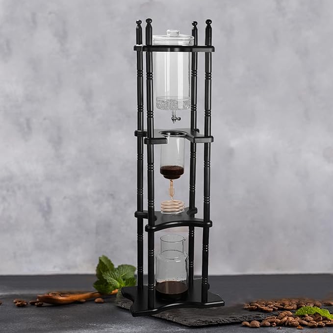 Cold Drip Coffee Maker, 2L Large Capacity Solid Wood Machine, Japanese Cold Brew Maker with Slow Drip Technology, Makes 25 Cups Coffee Tower for Bars, Clubs, Parties, Shop(Black-Red)