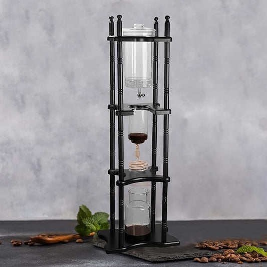 Cold Drip Coffee Maker, 2L Large Capacity Solid Wood Machine, Japanese Cold Brew Maker with Slow Drip Technology, Makes 25 Cups Coffee Tower for Bars, Clubs, Parties, Shop(Black-Red)