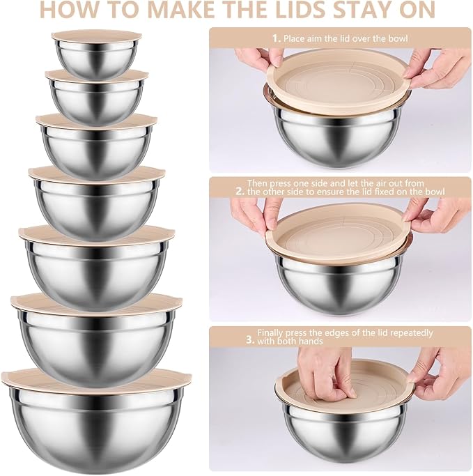 Leidawn Mixing Bowls with Lids set - 25 PCS Stainless Steel Nesting Khaki Mixing Bowls Set for Baking,Mixing,Serving & Prepping,Size 5, 3.7, 2.8, 2.3, 1.7, 1.1, 0.7QT, 11 Cooking - Image 3