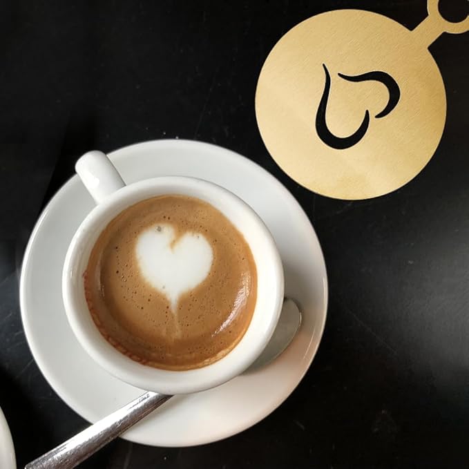 GORGECRAFT 4Pcs Coffee Cup Stencil Template Coffee Decorating Stencils Golden Coffee Latte Art Flat Round with Leaf Heart Cup Pattern Cappuccino Art Templates for Cup Cake Birthday Cake Coffee