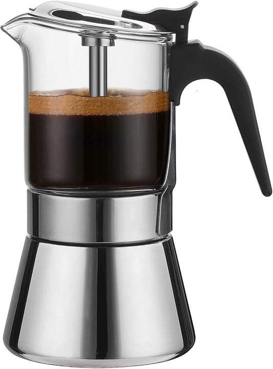 Moka Induction Stovetop Espresso Maker With Pressure valve,Crystal Glass-top & Stainless Steel Esprosso Moka Pot,240ml Classic Italian Coffee Maker