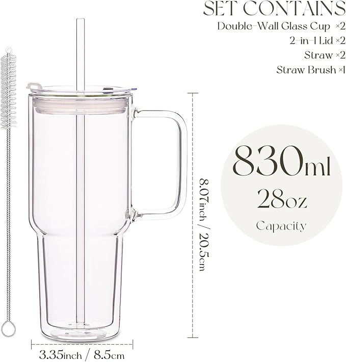 KEMORELA 2 Pack 28oz Double Wall Glass Tumblers with Handle, Lids & Straws – Large Insulated Clear Borosilicate Glass Cups for Iced Coffee, Smoothies, Bubble Tea & Cold Beverages