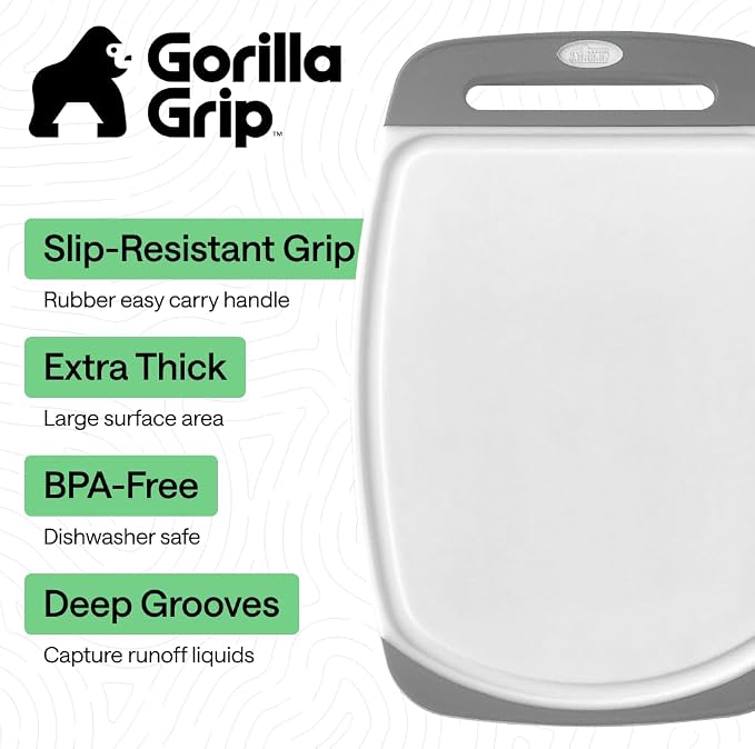 GORILLA GRIP BPA-Free Reversible Kitchen Cutting Board Set of 3, US Designed, Nonporous, Juice Grooves Catch Liquid, Slip Resistant Border, Dishwasher Safe, Durable Large Food Chopping Boards, Gray - Image 2