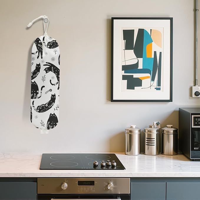 Black White Floral Cat Plastic Bag Holder, Wall Mount Grocery Bag Holder | Plastic Bags Storage, Vibrant Cats Reusable Grocery Bags Storage Dispenser for Home Kitchen Decor, Cat Lover Gifts for Women - Image 5