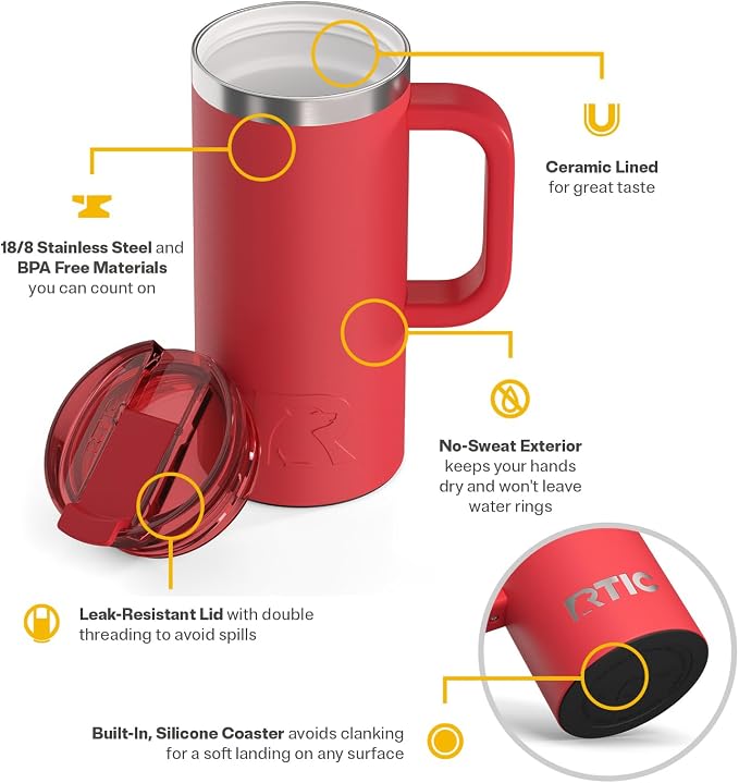 RTIC 16oz Road Trip Travel Mug with Lid and Handle, Ceramic Lined, Flag Red | Stainless Steel Metal, Insulated Travel Cup for Hot and Cold Drinks, Coffee, Car, Camping and Travel - Image 3
