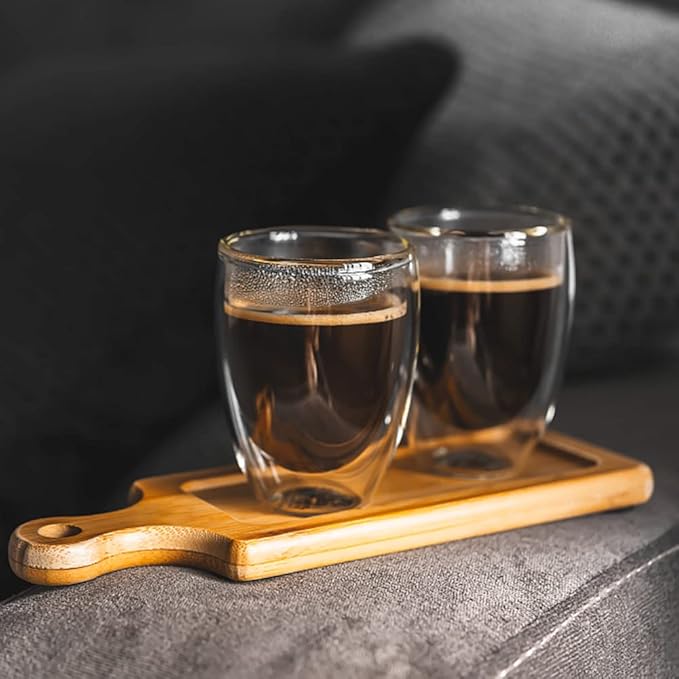 Joeyan 12oz Double Walled Glass Coffee Mugs Set of 4, Insulated Latte Glasses for Hot or Cold Drinks, Clear Glass Coffee Cups with Spoon for Espresso Iced Tea Cappuccino Macchiato Juice