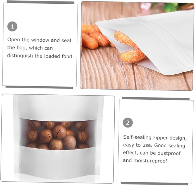 PRETYZOOM 50pcs Kraft Paper Stand Pouch Window for Snack Packaging Resealable Food Bags for Storing Cookies Nuts and Candy -sealing Design Airtight - Image 2