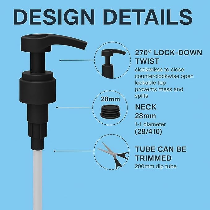 Universal Shampoo/Conditioner Dispenser Pump for Bottles, Leak Proof, Pump Top Fits 1 L/33.8 oz Bottles, 28/410 Neck Size, Black (Pack of 2)