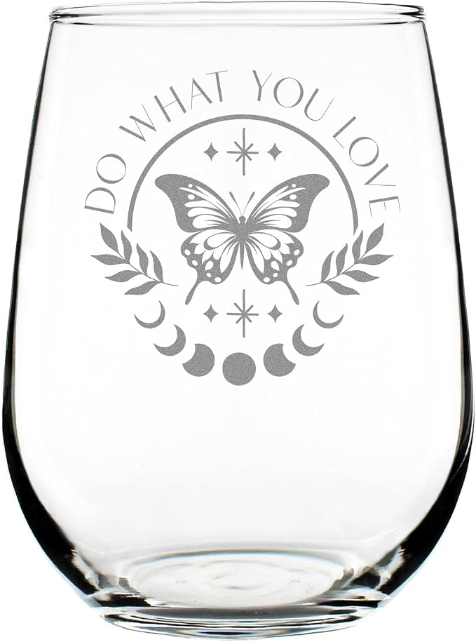 Do What You Love Butterfly 17oz Stemless Wine Glass, Hand Engraved Etched Aesthetic Boho Celestial Moon Inspirational Quote Glassware by Make+Your+Mark+Design