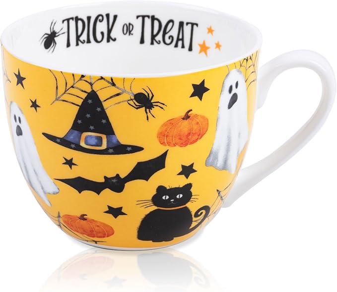Orange Halloween Hug Mug – 20oz Bone China Coffee Mug with Black Cat, Ghost, Pumpkin & Bat, Perfect Fall Gift for Halloween Lovers, Designed in England by Harvest Green Studio by MFoffice