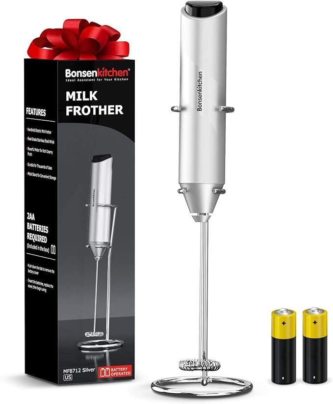 Bonsenkitchen Milk Frother with Stand for Coffee, Battery Operated Frother | Fast Handheld Drink Mixer with Stainless Steel Whisk, Powerful Hand Frother, Creates Rich Foam, Silver by Bonsenkitchen