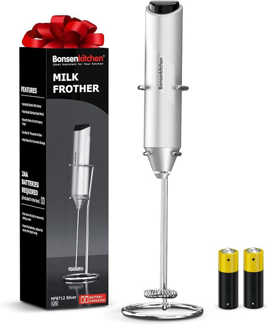 Bonsenkitchen Milk Frother with Stand for Coffee, Battery Operated Frother | Fast Handheld Drink Mixer with Stainless Steel Whisk, Powerful Hand Frother, Creates Rich Foam, Silver by Bonsenkitchen