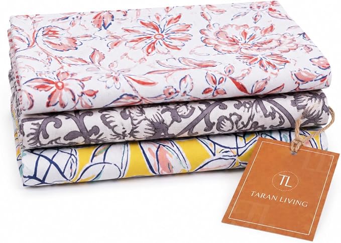 TARAN LIVING Printed Kitchen Dish Bar and Tea Towels Cotton, 18x28 inch with Trims, Cotton Dish Towel Sets (Multicolor, Set of 3) by TARANLIVING