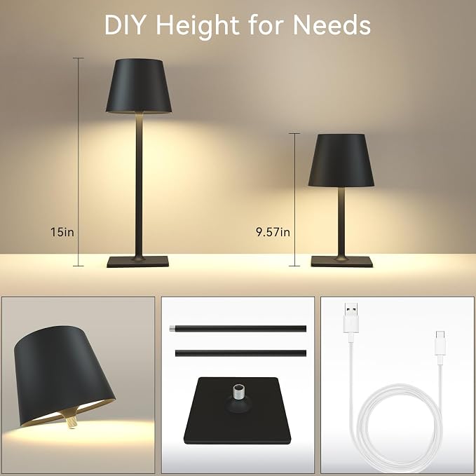 Yogaret Black Cordless Table Lamps, 6000mAh Rechargeable Battery LED Lights | Set of 4 battery operated lamps wireless table lamp for restaurant tables, dining areas, kitchens, outdoor patio and home use - Image 2
