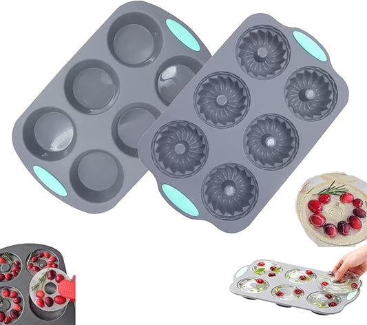 Wreath Ice Cube, Christmas Silicone Wreath Shaped Ice Cube Tray and Snowflake Mold Set, 6 Hole Mini Bund and Cake Pan Candy Bakeware for Holiday Cocktails Ice Cubes DIY Crafts (C+E)