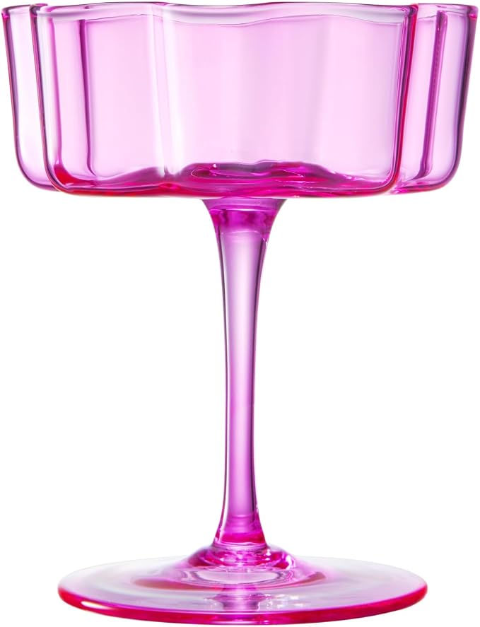 Flower Scalloped Vintage Wavy Petals Wave Glass Coupes 7oz Colorful Martini, Champagne & Cocktails, 2 Pink & Blush Set Amber Rippled Champagne Glasses, Elegant Bar Glassware, Aesthetic Coupe Glassware - Image 9