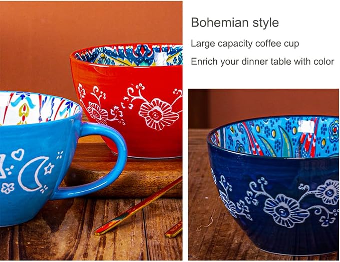 Red Ceramic Mug, Bohemian Hand-Painted, 15 Oz Large Coffee Cup for Milk, Tea, Breakfast, Dishwasher & Microwave Safe Cup - Image 5