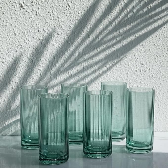 Physkoa Sage Green Ribbed Drinking Glasses Set of 6 – Vintage Embossed Highball Glassware, Thick Durable Tumbler Cups for Water, Juice, Cocktails, Iced Coffee, Kitchen Bar Gift Set - Image 6