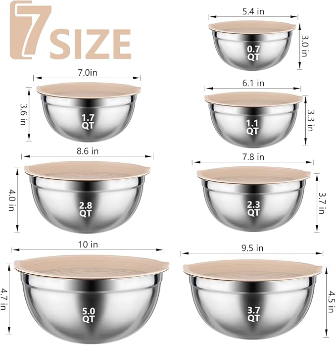 Leidawn Mixing Bowls with Lids set - 25 PCS Stainless Steel Nesting Khaki Mixing Bowls Set for Baking,Mixing,Serving & Prepping,Size 5, 3.7, 2.8, 2.3, 1.7, 1.1, 0.7QT, 11 Cooking - Image 4