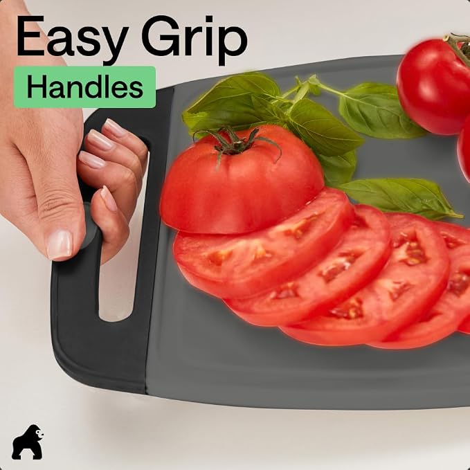 GORILLA GRIP BPA-Free Reversible Kitchen Cutting Board Set of 3, US Designed, Nonporous, Juice Grooves Catch Liquid, Slip Resistant Border, Dishwasher Safe, Durable Food Chopping Boards, Gray Black - Image 8