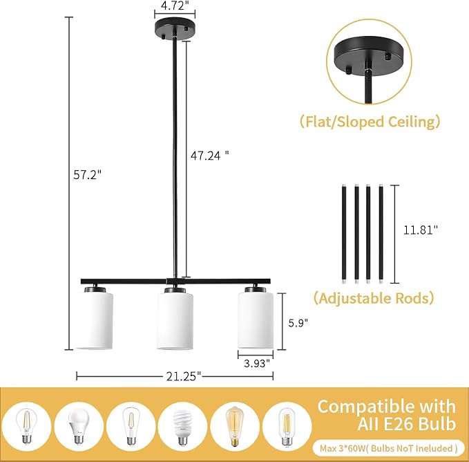 Modern Kitchen Island Lighting Black Dining Room Light Fixtures | 3-Light Linear Chandelier Over Table, 21.25'' Island Lights for Kitchen White Frosted Glass Shades, Adjustable Height - Image 5