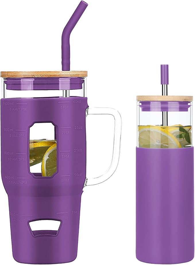 Glass Cups with Lids and Straws - 40 oz Tumbler with Handle - 16 oz Reusable Water with Bamboo Lid, Stainless Steel Straw, Silicone Sleeve for Coffee, Smoothi, Hot, Cold Drinks (2 Count)