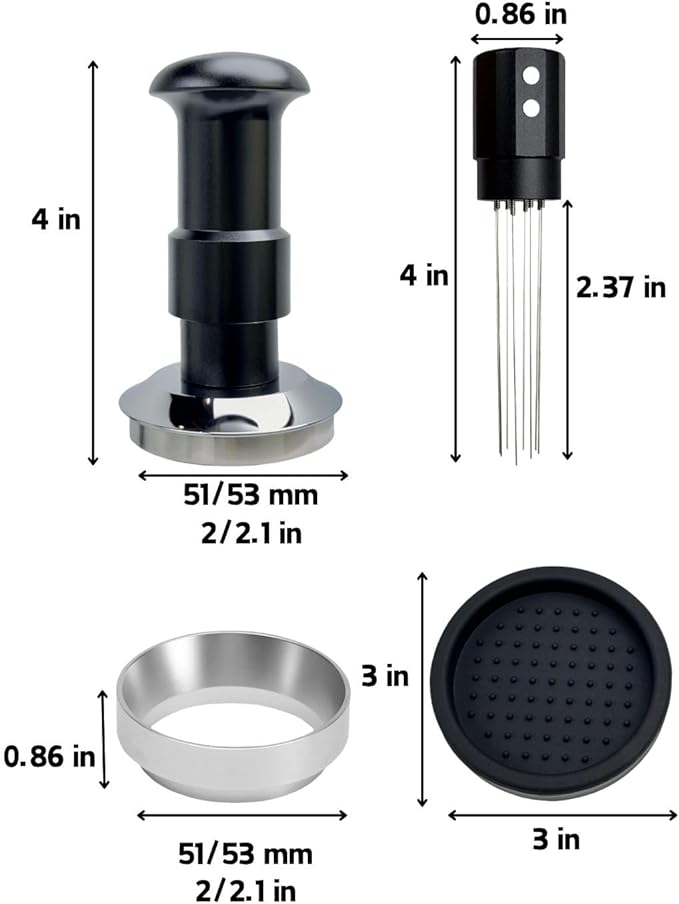 Espresso Tamper Double Spring Loaded 51/53mm with WDT Tool Espresso Accessories Kit, Stainless Steel Corrugated Base, Dosing Funnel, Tamper Mat (51mm & Magnetic wdt)