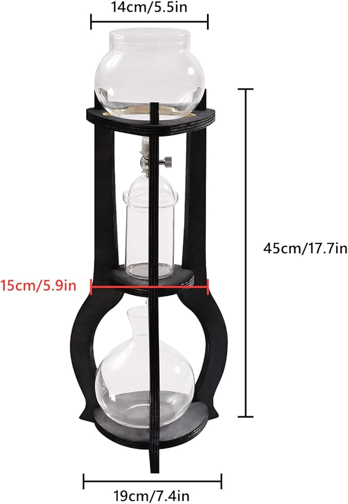 Cold Brew Coffee Maker, 600ml Iced Coffee Drip Tower with Adjustable Copper Valve, 304 Stainless Steel Filter & Glass Pots, Retro Wood Stand, Manual Pour-Over Iced Coffee Maker