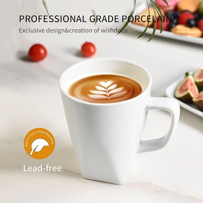 WishDeco White Coffee Mugs Set of 6, Ceramic Coffee Cups 14 oz, Modern Tea Mugs, Porcelain Tea Cups, Large Mug for Latte, Cappuccino, Milk, Juice, Cocoa, Square Bottom, Microwave and Dishwasher Safe - Image 4
