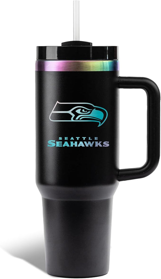 The Memory Company NFL 40oz Iridescent Tumbler - Double-Wall Vacuum Insulated Stainless Steel Water Bottle - Team Spirit Travel Cup with Handle, Lid and Straw, Hot and Cold Drink Container