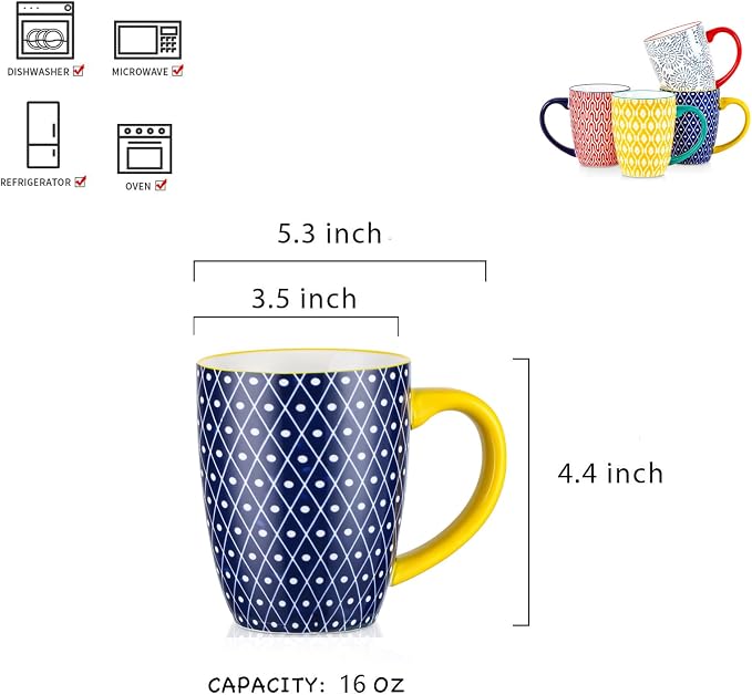 Selamica Ceramic Coffee Mugs Set of 4, 16 OZ Large Coffee Cups with Handle for Cappuccino, Tea, Mocha, Cocoa, Dishwasher Microwave Safe, Assorted Colors - Image 3