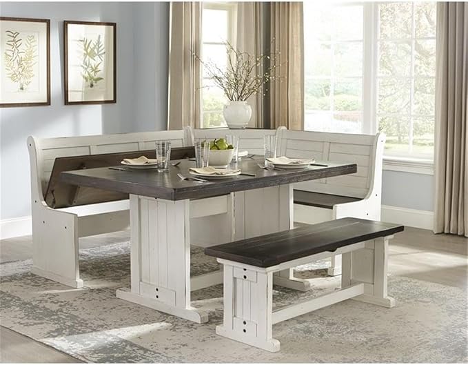 Pemberly Row Wood Breakfast Nook Set, Off White and Dark Brown Finish, Mahogany Base, Hidden Storage Benches, Reversible Design, Two-Toned European Cottage Style Dining Set for Small Spaces - Image 2