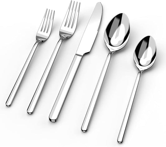 KINGSTONE 30 Pieces Silverware Set, Flatware Cutlery Set for 6, 18/10 Stainless Steel Silverware Utensils Minimalist Design Dishwasher Safe by KINGSTONE