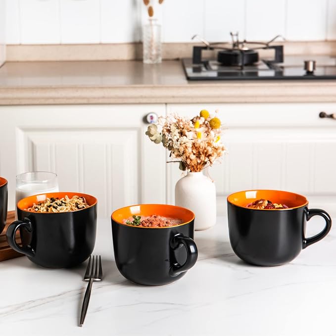 AmorArc 24 oz Soup Mugs with Handles, Jumbo Ceramic Bowls Mugs Set with handles for Coffee Cereal Cappuccino Snacks, Microwave&Dishwasher safe Soup Cups for Meal-Orange - Image 7