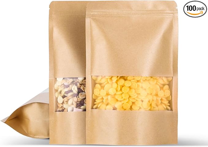 Kraft Paper Bags with Transparent Window, Stand Up Pouches Smell Proof Bags | 100 Pcs 6x8.6 Inch Resealable Bags for Small Business, Zipper. Food Storage,for Packaging Snacks Cookies Candy by Motomy
