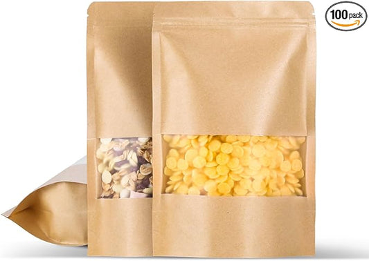 Kraft Paper Bags with Transparent Window, Stand Up Pouches Smell Proof Bags | 100 Pcs 6x8.6 Inch Resealable Bags for Small Business, Zipper. Food Storage,for Packaging Snacks Cookies Candy by Motomy