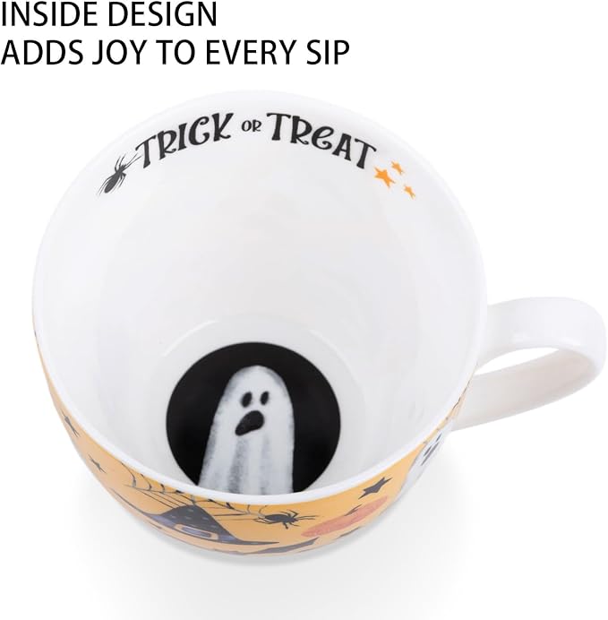 Orange Halloween Hug Mug – 20oz Bone China Coffee Mug with Black Cat, Ghost, Pumpkin & Bat, Perfect Fall Gift for Halloween Lovers, Designed in England by Harvest Green Studio - Image 5