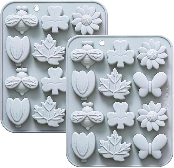 24 Cavities Unique Candy & Chocolate Silicone Mold, 6 Different Shapes, Including Leaf, Flower, Grass, Honey, Butterfly, Non-Stick, Baking Molds for Making Cake Decoration, Jelly, Ice Cubes, 2 Count
