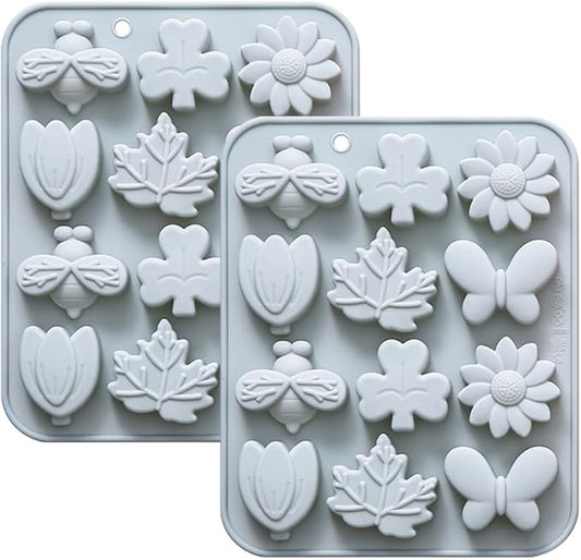 24 Cavities Unique Candy & Chocolate Silicone Mold, 6 Different Shapes, Including Leaf, Flower, Grass, Honey, Butterfly, Non-Stick, Baking Molds for Making Cake Decoration, Jelly, Ice Cubes, 2 Count