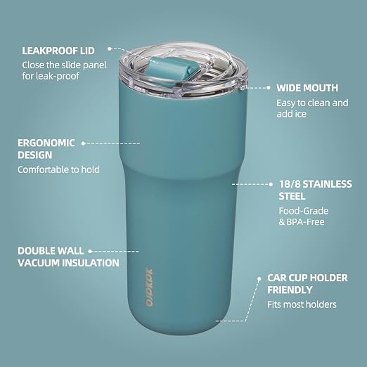 BJPKPK 24 oz Coffee Tumbler, Insulated Stainless Steel Travel Cup | Double Wall Vacuum, Leak Proof Lid, Keeps Hot/Cold/Iced, BPA Free, Dishwasher Safe, Cupholder, Haze Blue - Image 2