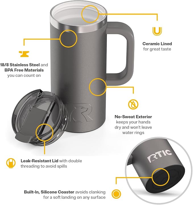RTIC 16oz Road Trip Travel Mug with Lid and Handle, Ceramic Lined, Graphite | Stainless Steel Metal, Insulated Travel Cup for Hot and Cold Drinks, Coffee, Car, Camping and Travel - Image 3
