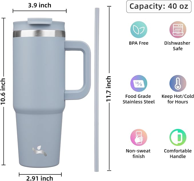 Konokyo 40 oz Insulated Tumbler Water Bottle with Handle, Straw Lid | BPA-free and dishwasher safe; made for gym, travel, coffee and gifting, 2 straws, cup holder friendly,Lavender - Image 4
