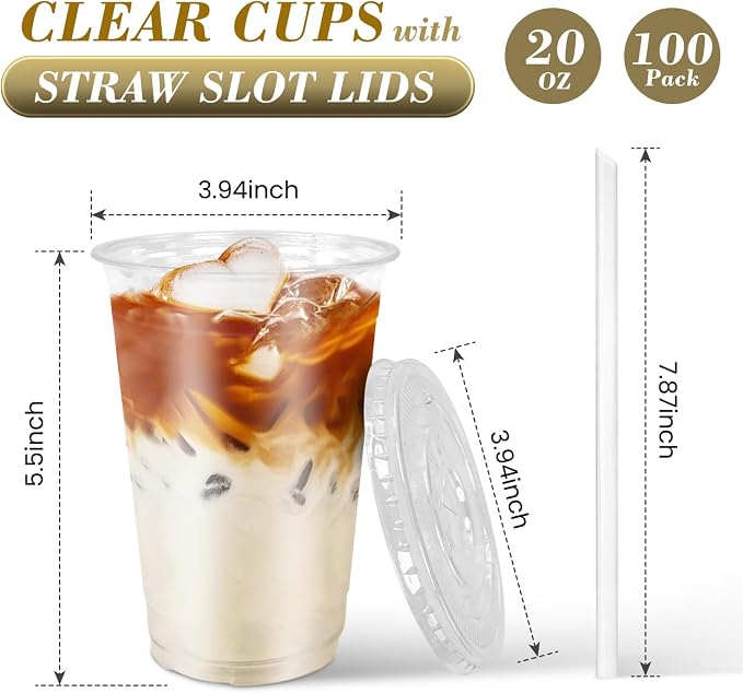Ginkgo 100-Pack 20oz Clear Plastic Cups with Lids and Straws | Leak-Proof & Sturdy Iced Coffee Cups with Lids, Disposable To Go Cups for Smoothies, Cold Beverages - Image 2