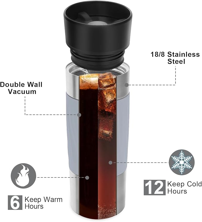 Travel Coffee Mug with 360°Lid, Travel Coffee Tumbler 16 oz Leak Proof, Stainless Steel Insulated Travel Mugs for Hot and Cold Spill Proof Leak Proof(Grey) - Image 6