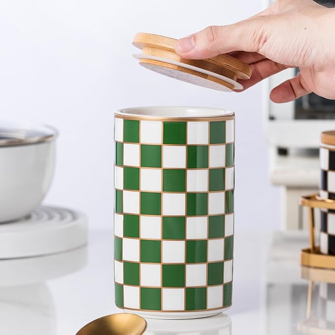 Kitchen Countertop Ceramic Checkered Canisters,Black And White Food Storage Containers With Lid,Airtight Kitchen Canisters for Flour, Sugar, Coffee, Tea, and Dry Goods (Green, Large) by XYQXYQ